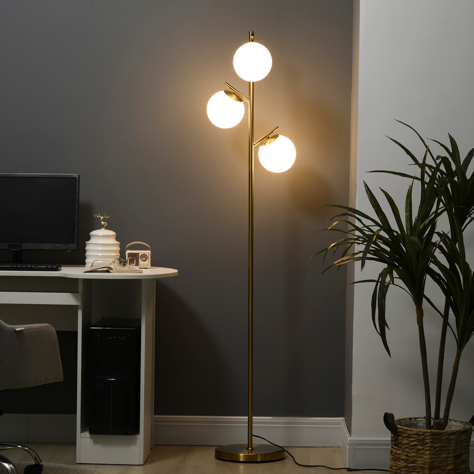 HOMCOM 3-Light Tree Floor Lamps for Living Room, Modern Standing Lamp for Bedroom with Globe Lampshade, Steel Base, Bulb not Included, Gold Tone 
