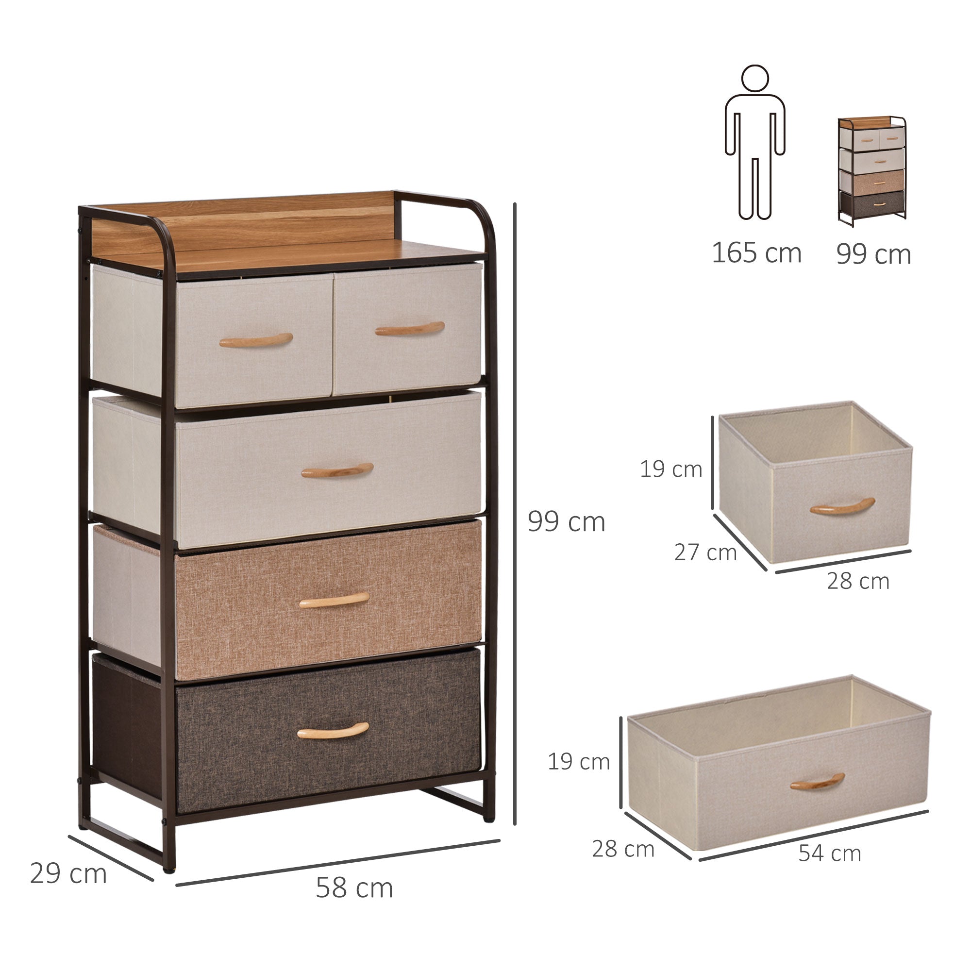 HOMCOM 5-Drawer Dresser Tower 3-Tier Storage Organizer with Steel Frame Wooden Top for Bedroom Hallway Closets 