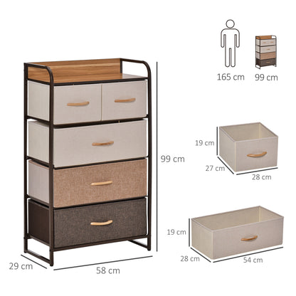 HOMCOM 5-Drawer Dresser Tower 3-Tier Storage Organizer with Steel Frame Wooden Top for Bedroom Hallway Closets 