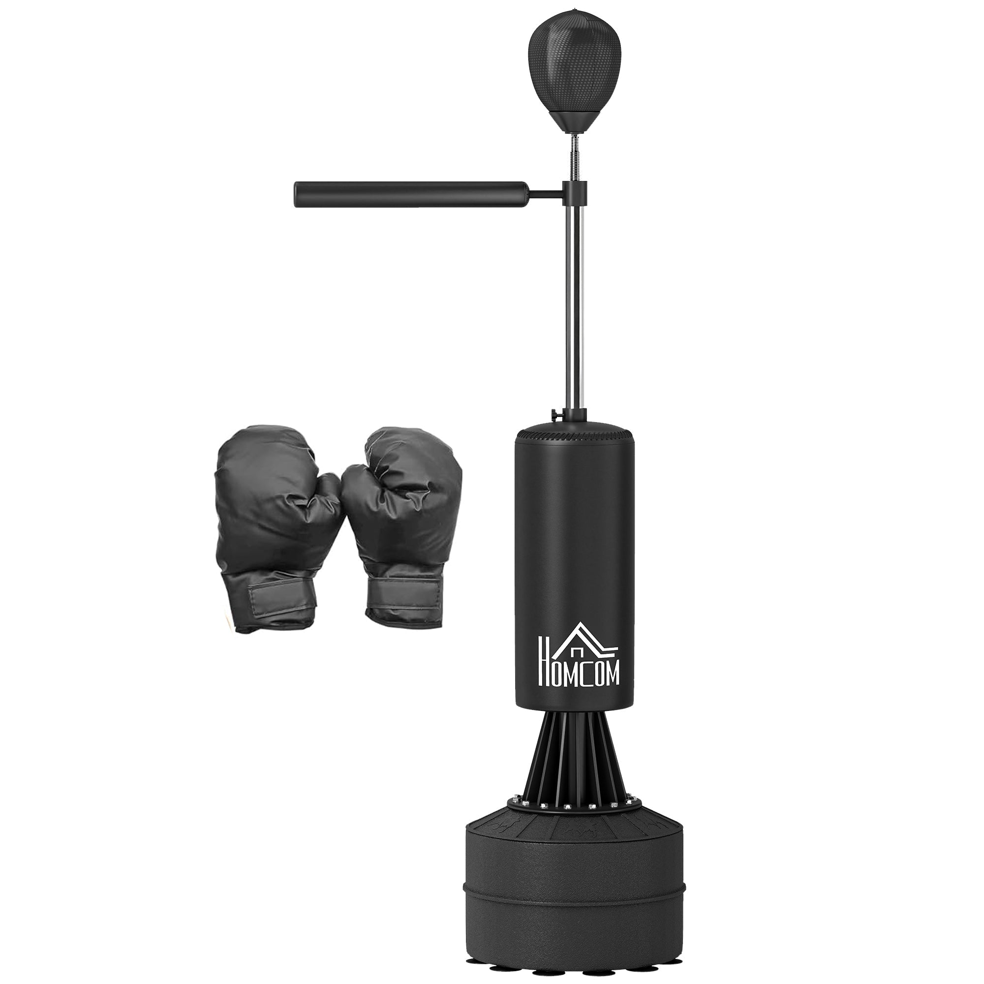 HOMCOM 155-205cm 3-IN-1 Freestanding Boxing Punching Bag Stand, Boxing Speed Trainer with Rotating Flexible Arm, Speed Ball, Fillable Base, Black 