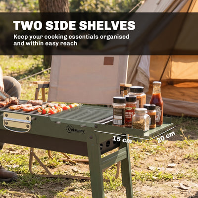 Outsunny Portable BBQ Grill, Foldable Charcoal Grill for Camping and Picnics with 2 Side Shelves and Handle, Green 