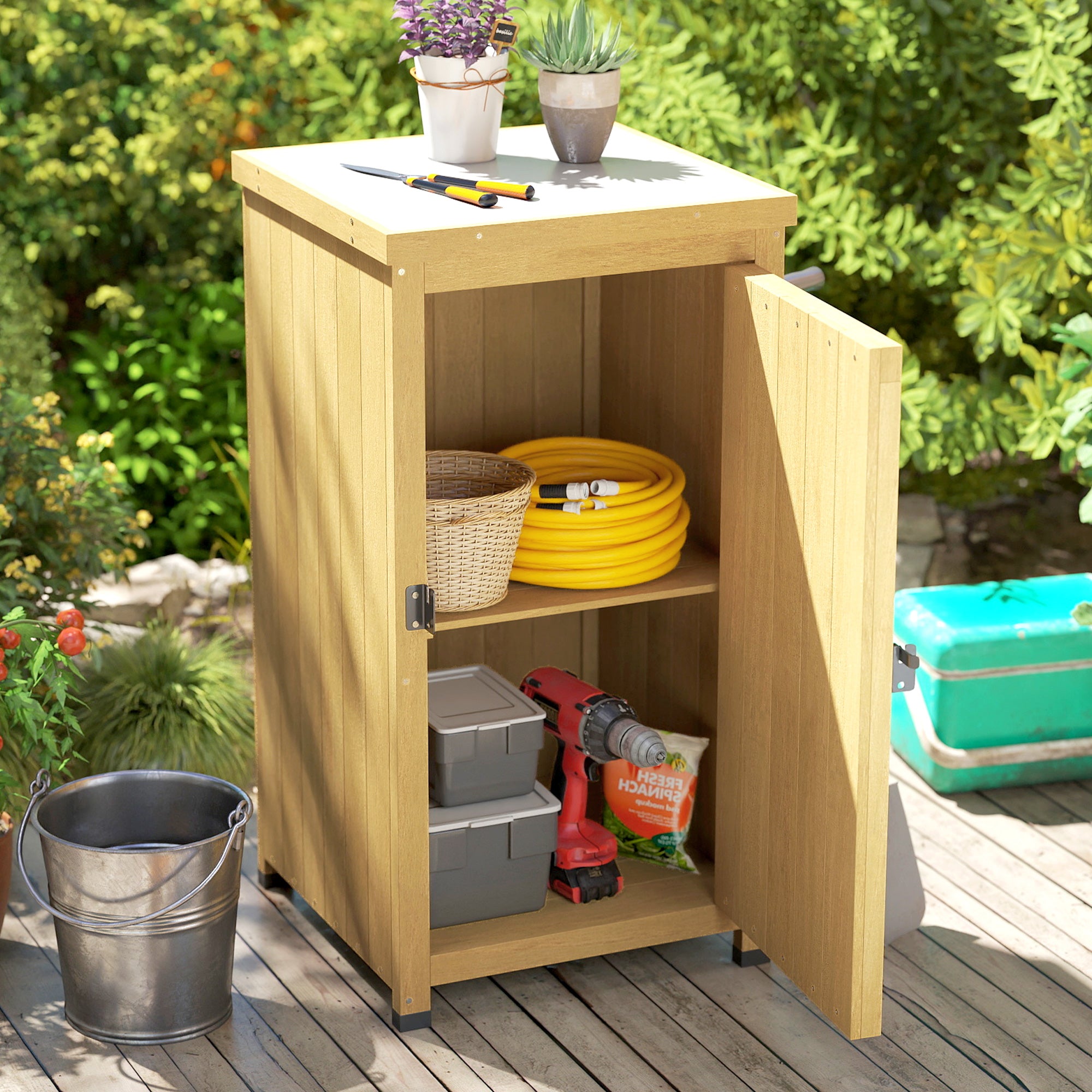 Outsunny Wooden Garden Shed, Garden Tool Storage Shed with Metal Top and Shelf, Light Brown 