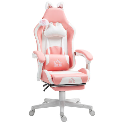 HOMCOM Cat Ear and Paw Reclining Office Chair, with Footrest - Pink/White 