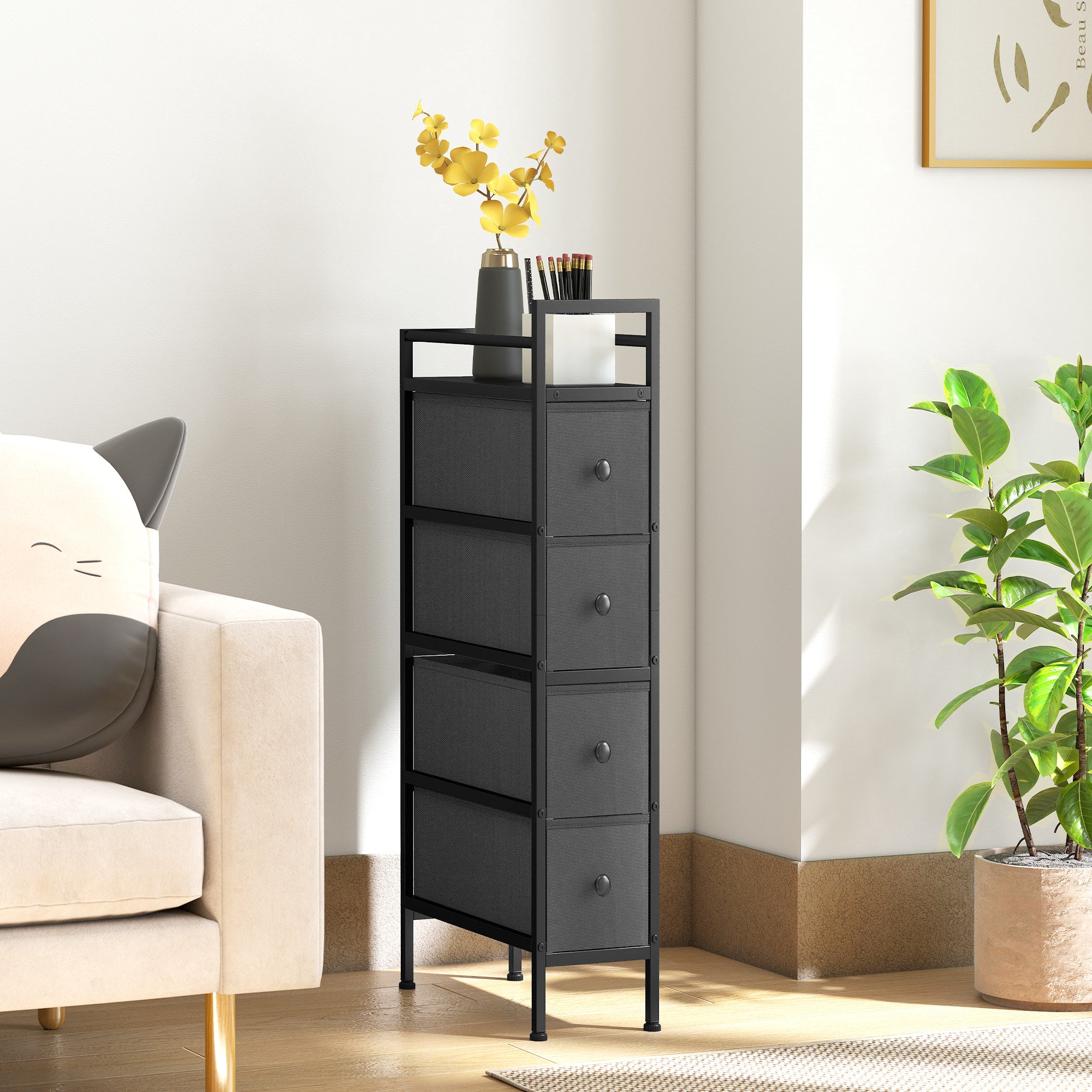 HOMCOM 4 Drawer Fabric Dresser Chest of Drawers, Slim Storage Cabinet with Steel Frame for Small Spaces, Bedroom, Black 