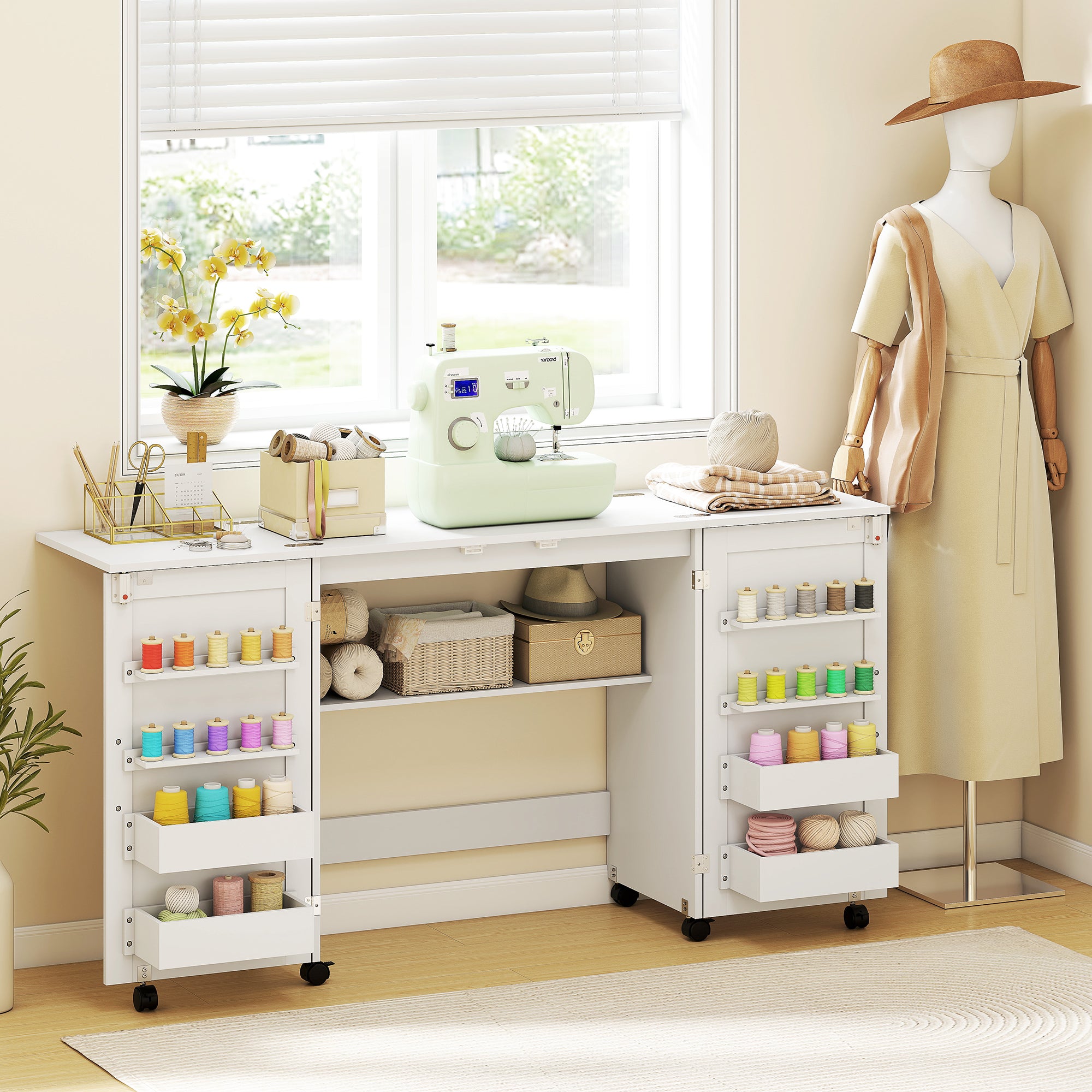 HOMCOM Folding Sewing Table with 2 Magnetic Doors, Storage Shelf, Lockable Wheels, Space Saving, White 