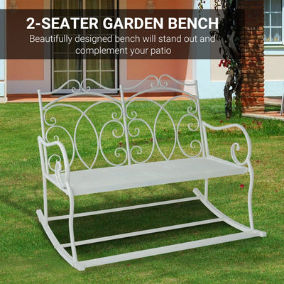 Outsunny Patio 2 Seater Rocking Bench Steel Garden Outdoor Garden Loveseat Chair w/ Decorative Backrest White 