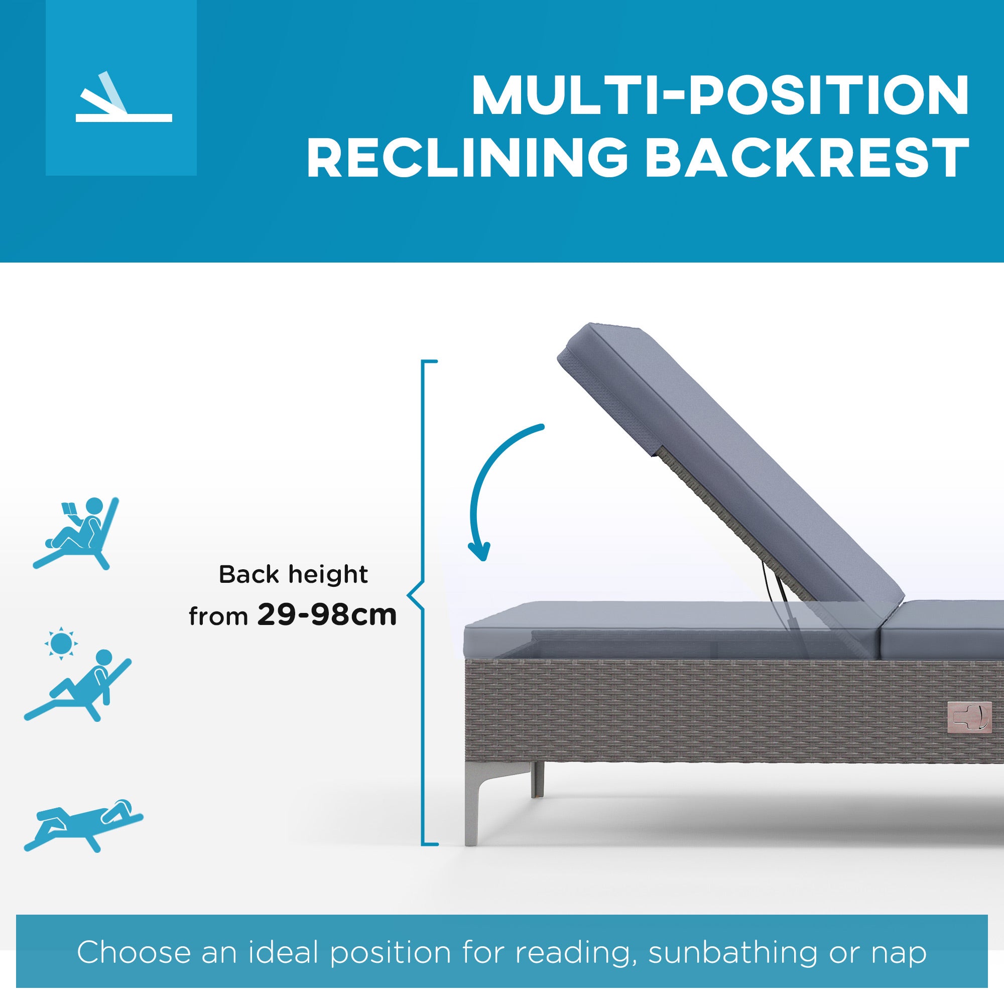 Outsunny Outdoor PE Rattan Sun Lounger Set of 2, Multi-position Backrest Adjustable Single Recliner Sunbed Daybed with Removeable & Washable Cushion, for Patio, Garden, Dark Grey 