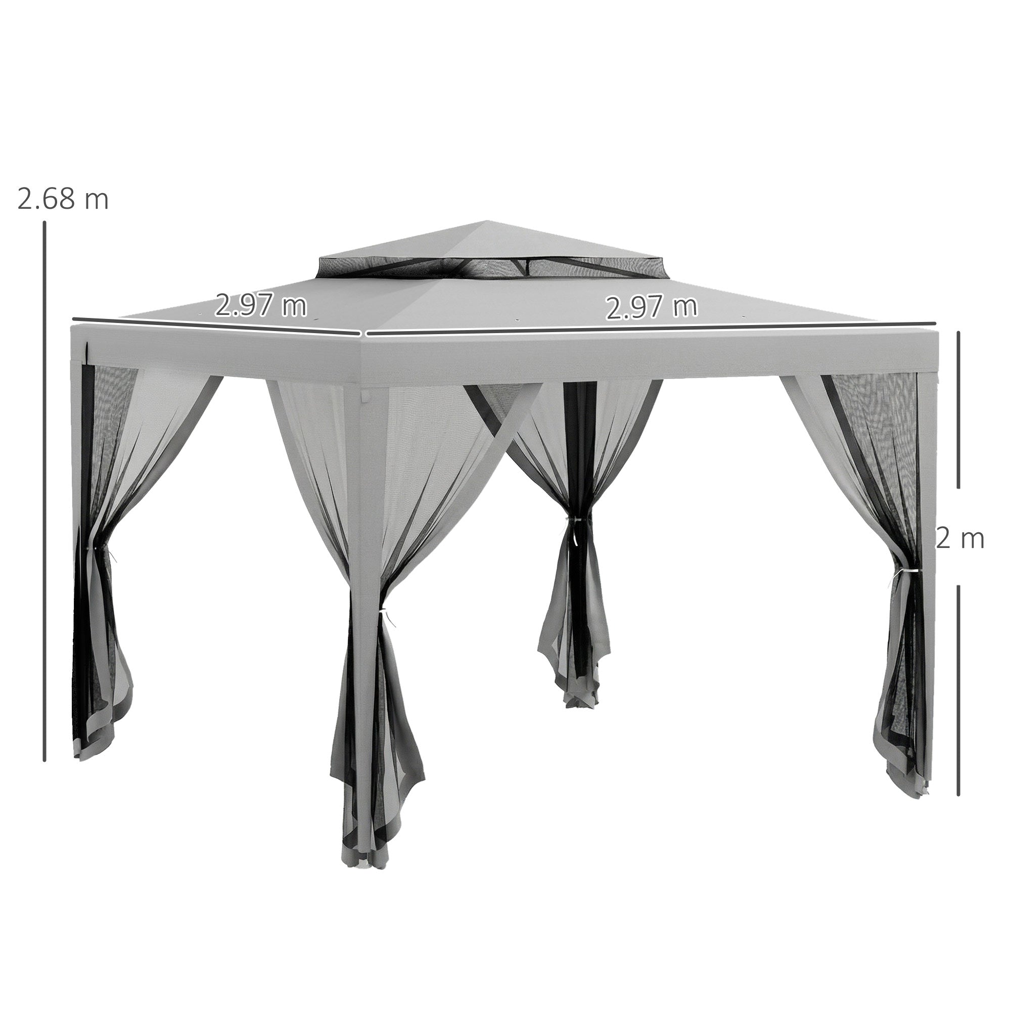 Outsunny 3 x 3 m Gazebo, Netting Party Tent, Patio Canopy Outdoor Event Shelter with Double Tier Roof, Light Grey 