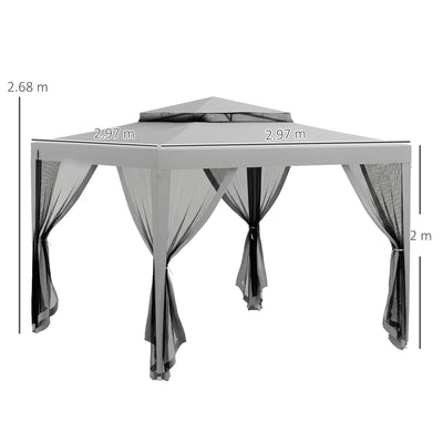 Outsunny 3 x 3 m Gazebo, Netting Party Tent, Patio Canopy Outdoor Event Shelter with Double Tier Roof, Light Grey 