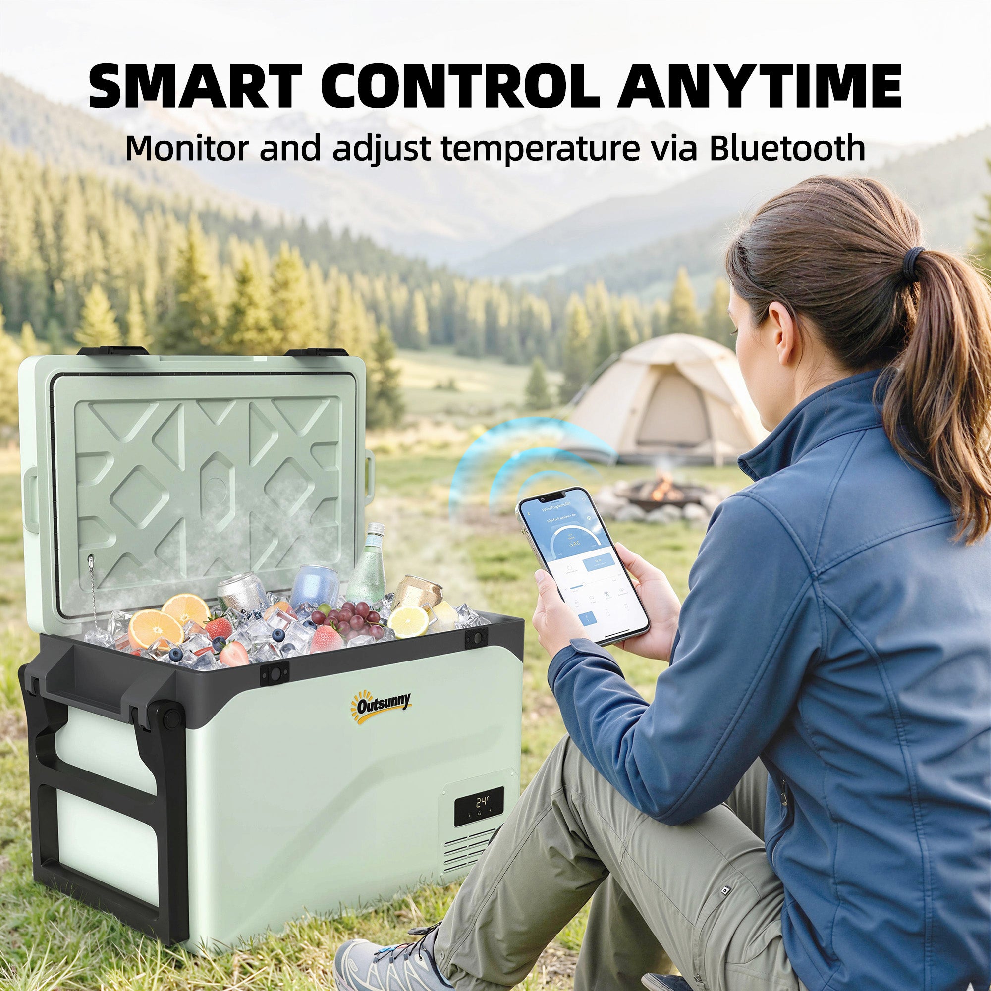 Outsunny 42.5L Compressor Car Fridge Freezer, Camping Refrigerator with App Control, 20℃-20℃ 