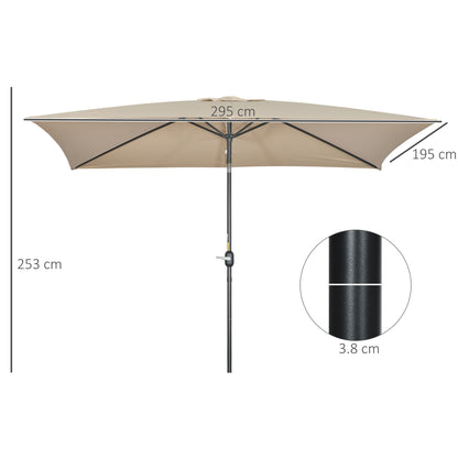 Outsunny 3x2m Garden Parasol Umbrella with Tilt and Crank, Outdoor Sun Shade Canopy with Aluminium Frame and Steel Ribs, Rectangular, Khaki 