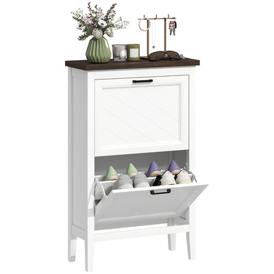 HOMCOM Shoe Cabinet with 2 Flip Drawers, Farmhouse Narrow Shoe Storage Cabinet with Adjustable Shelves, White 