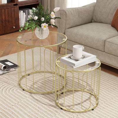 HOMCOM Round Coffee Table Set of 2, Glass Nest of Tables with Metal Frame and Tempered Glass Tabletop, Modern Side Tables for Living Room, Gold Tone 