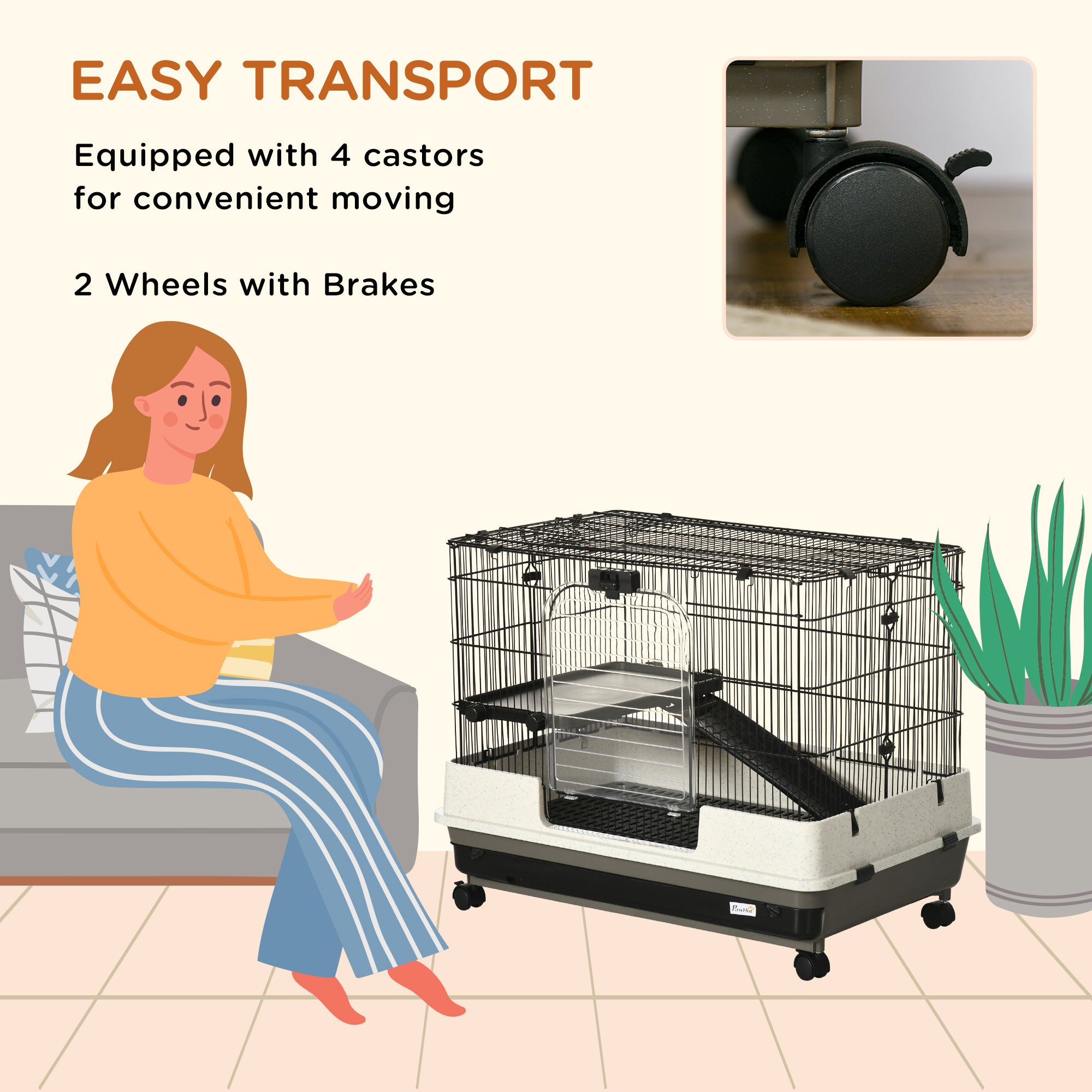 PawHut 2 Tier Rolling Small Animal Rabbit Cage Chinchillas Hutch Pet Play House with Platform Ramp Removable Tray 80 x 52.7 x 66 cm 