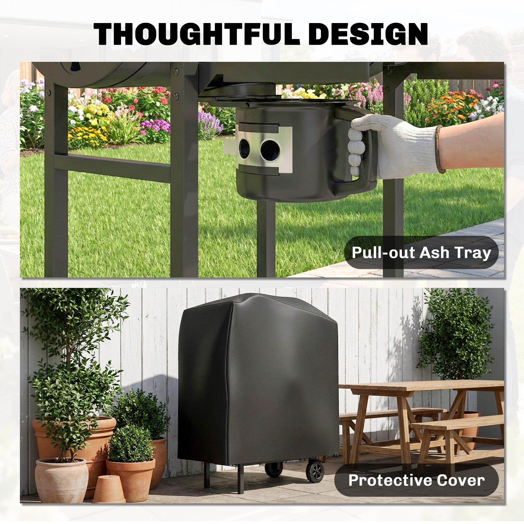 Outsunny Charcoal Grill, Barrel BBQ Smoker with Warming Rack, Charcoal BBQ Grill with Foldable Shelves, Natural Wood and Black 