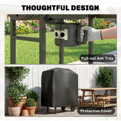 Outsunny Charcoal Grill, Barrel BBQ Smoker with Warming Rack, Charcoal BBQ Grill with Foldable Shelves, Natural Wood and Black 