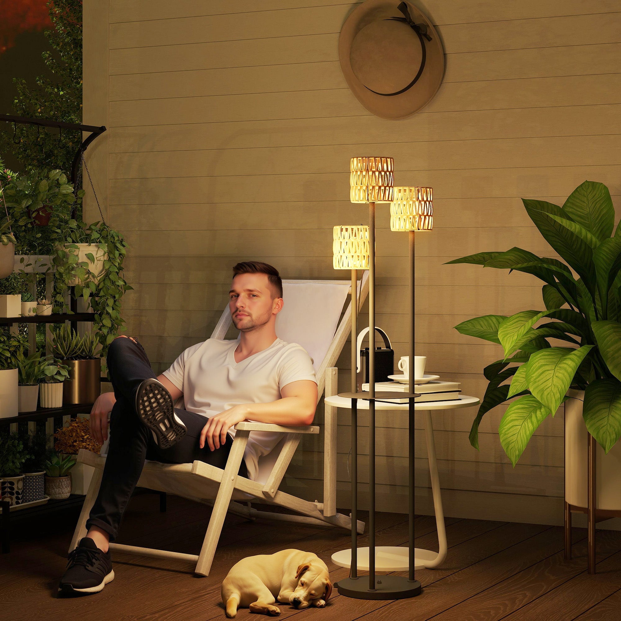 Outsunny Boho Rattan Floor Lamp, 3-Lights Rattan Lamp with Shelf, Freestanding Solar Garden Light with Auto On/Off Lights, IP44 Waterproof for Porch, Pathway, Deck, Yellow 