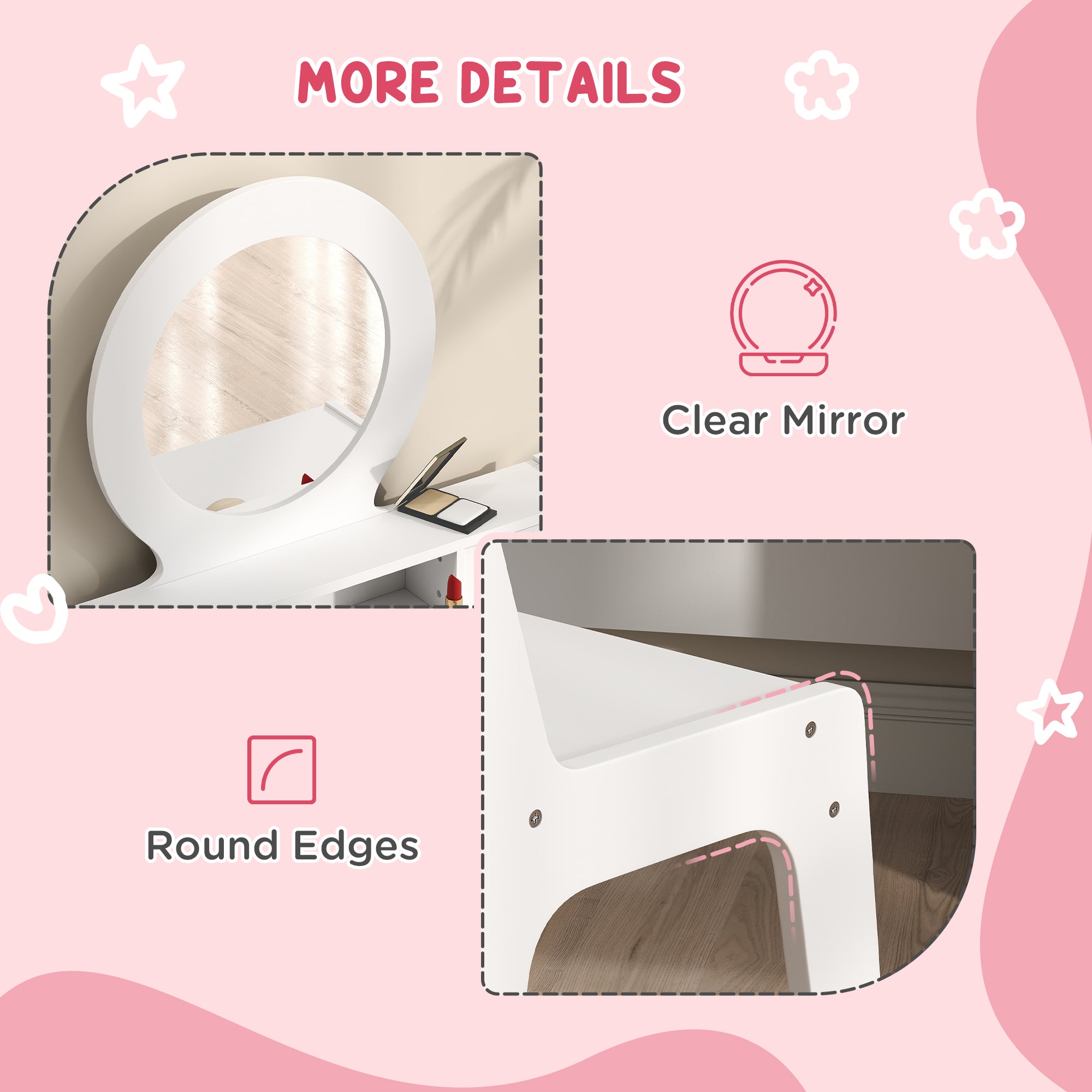 AIYAPLAY Kids Dressing Table Set Kids Make up Table with Stool and Mirror, Storage Drawers, Gift for Aged 3-8