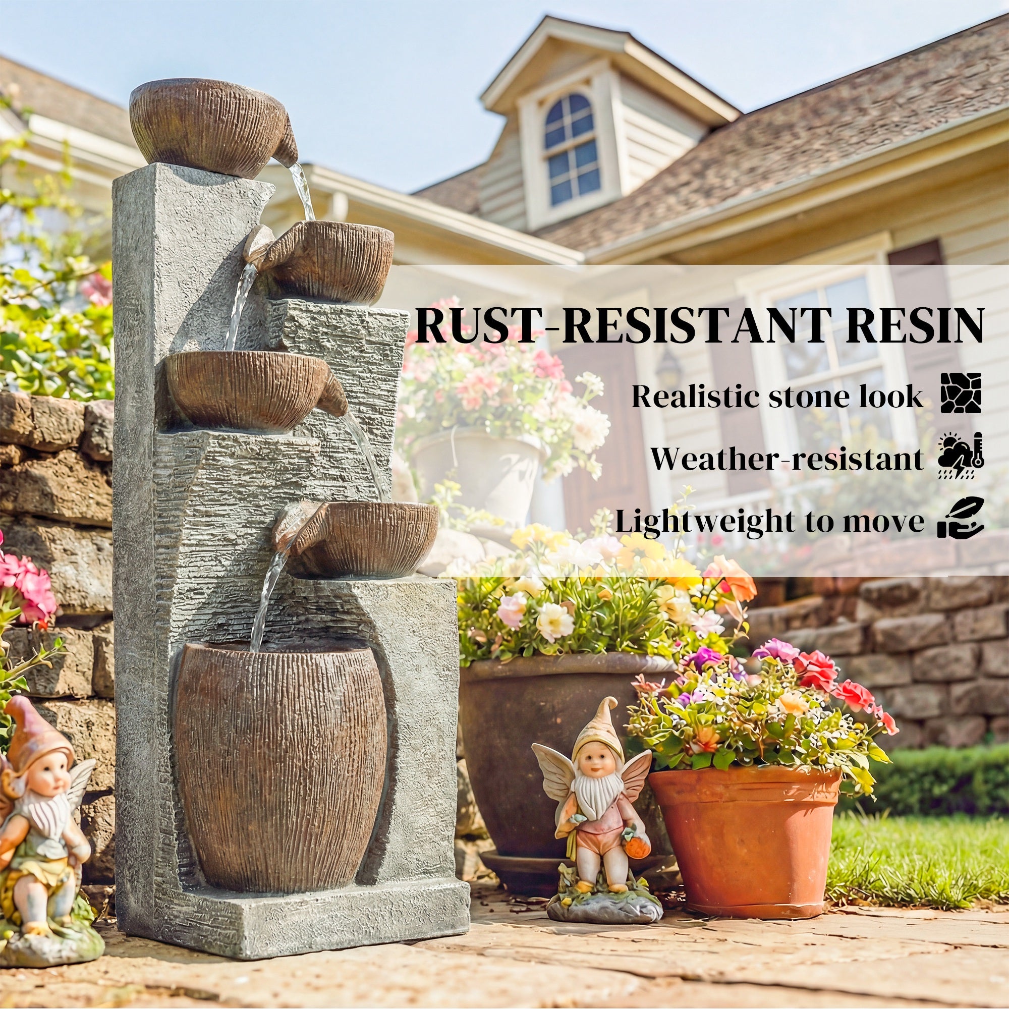 Outsunny Outdoor Fountain with 5-Tier, Garden Fountain with LED Lights, Adjustable Flow, Grey and Rustic Brown 
