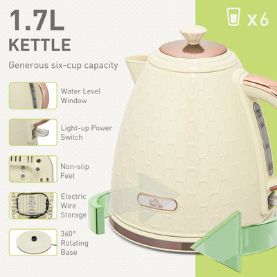 HOMCOM Kettle and Toaster Set, 1.7L 3000W Fast Boil Jug Kettle with Auto Shut Off, 4 Slice Toaster with 7 Level Browning Controls & Crumb Tray, Beige 