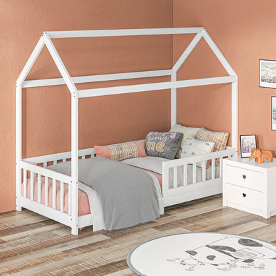 HOMCOM House-Shaped Kids Bed Frame with Safety Fence, Solid Pine Wood Single Bed Frame for Kids Boys and Girls 