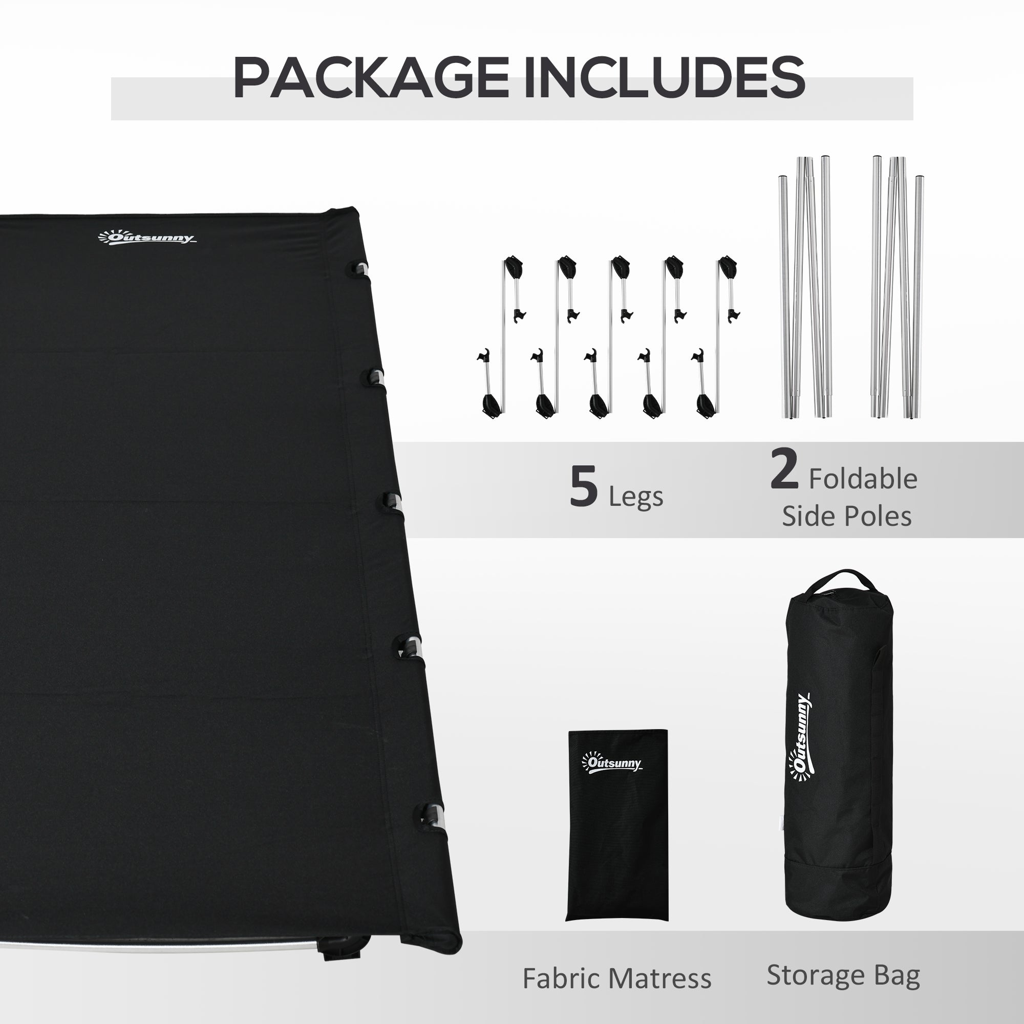 Outsunny Lightweight Camping Bed, Aluminium Portable Camp Cot w/ Strong Support 150kg and Carry Bag for Camping, Black