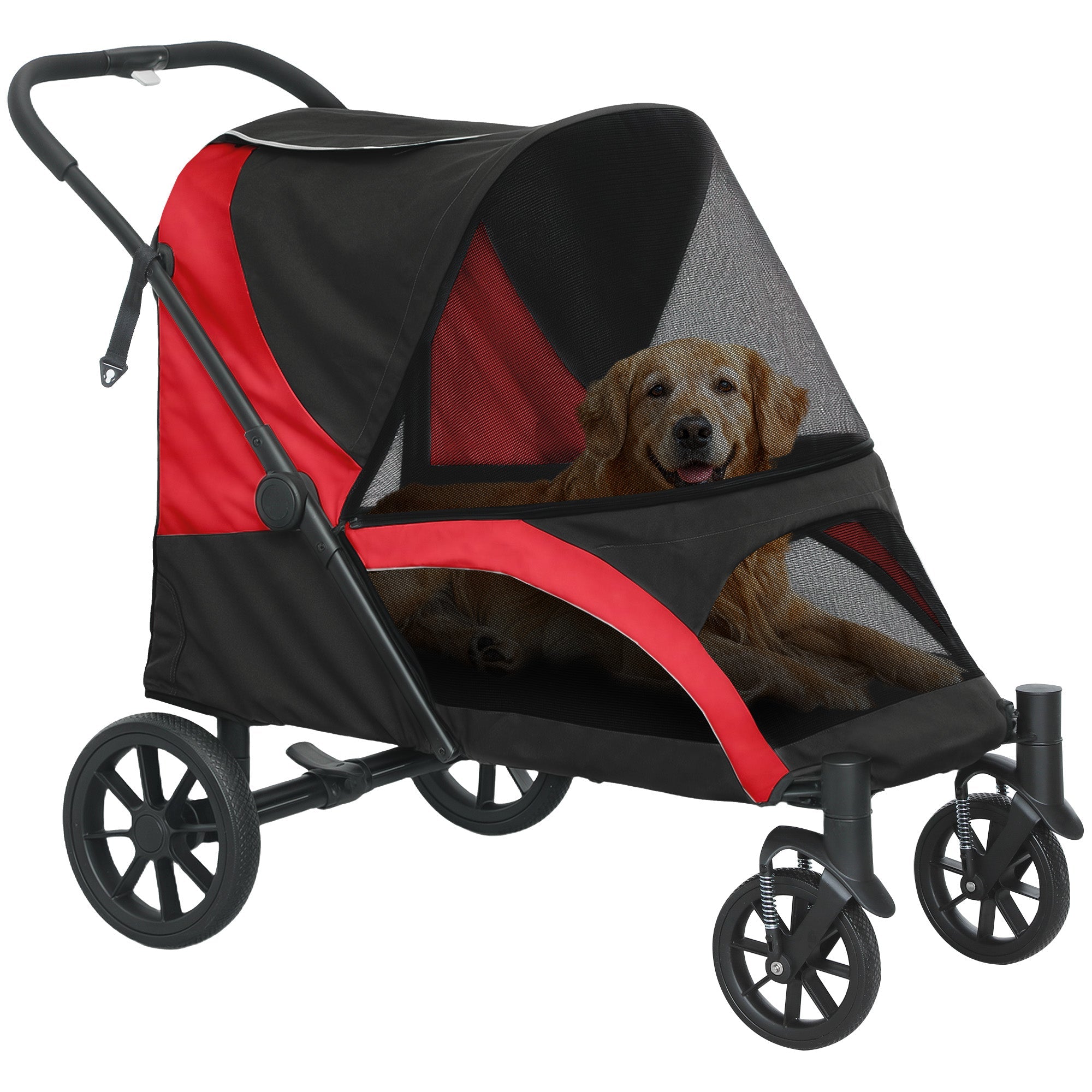 PawHut Easy Folding Pet Stroller for Large Dogs with 4 Big Wheels, Shock Absorb Frame, Safety Leashes, Brakes, Black 