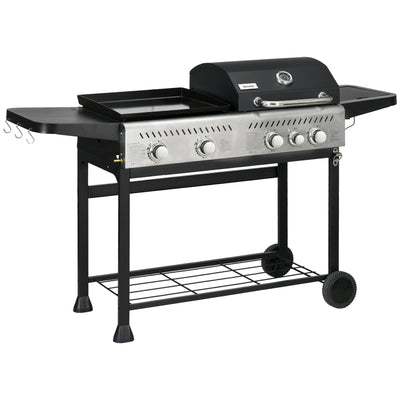 Outsunny 15kW Deluxe Duo Gas BBQ, with Grill, Plancha and Side Burner - Black 