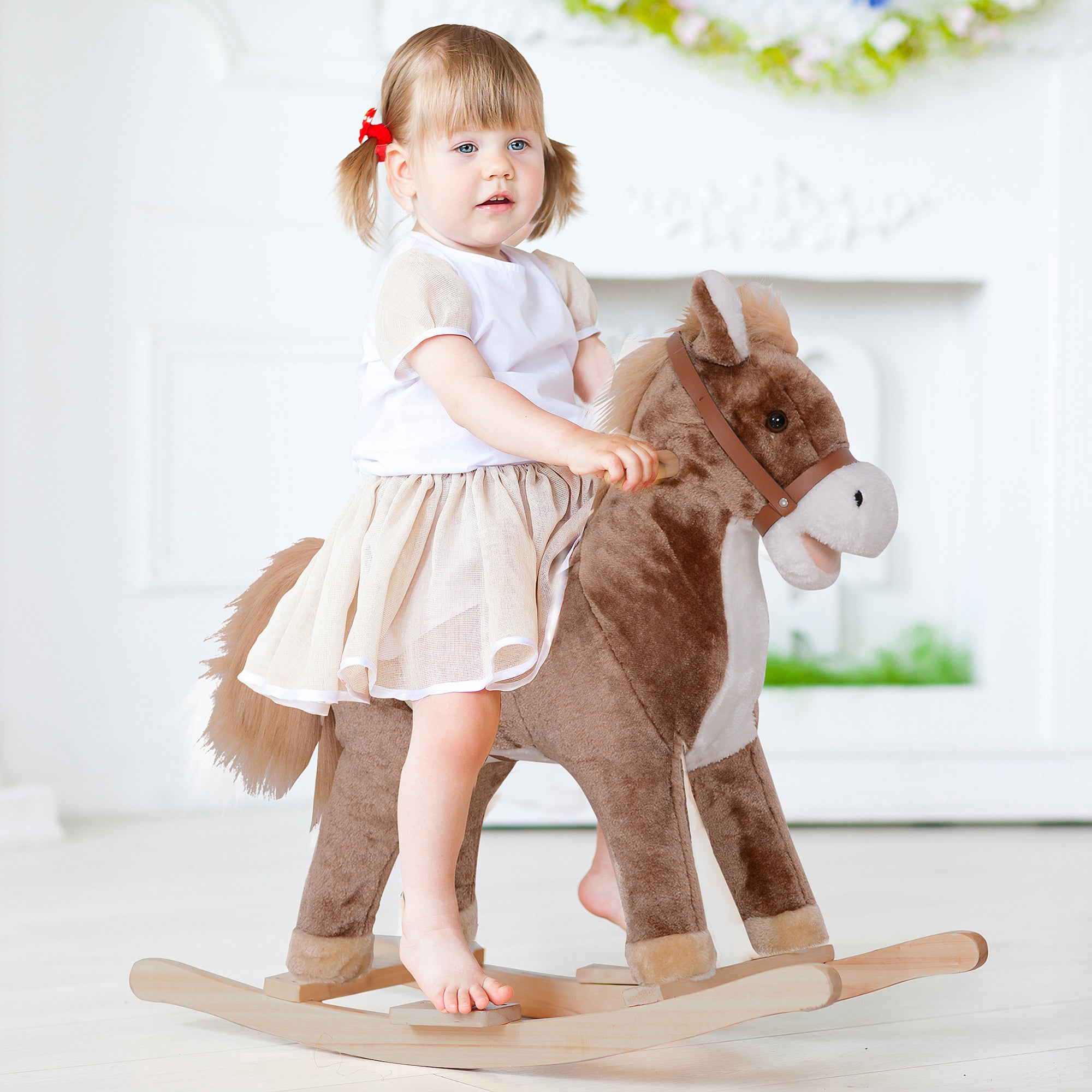 HOMCOM Kids Children Plush Rocking Horse Wooden Base Ride On Toy Rocker with Handle Grip Traditional Toy Fun Gift for Age 3+ (Brown & White) 