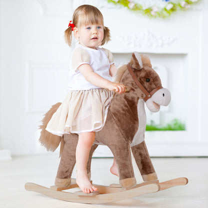 HOMCOM Kids Children Plush Rocking Horse Wooden Base Ride On Toy Rocker with Handle Grip Traditional Toy Fun Gift for Age 3+ (Brown & White) 