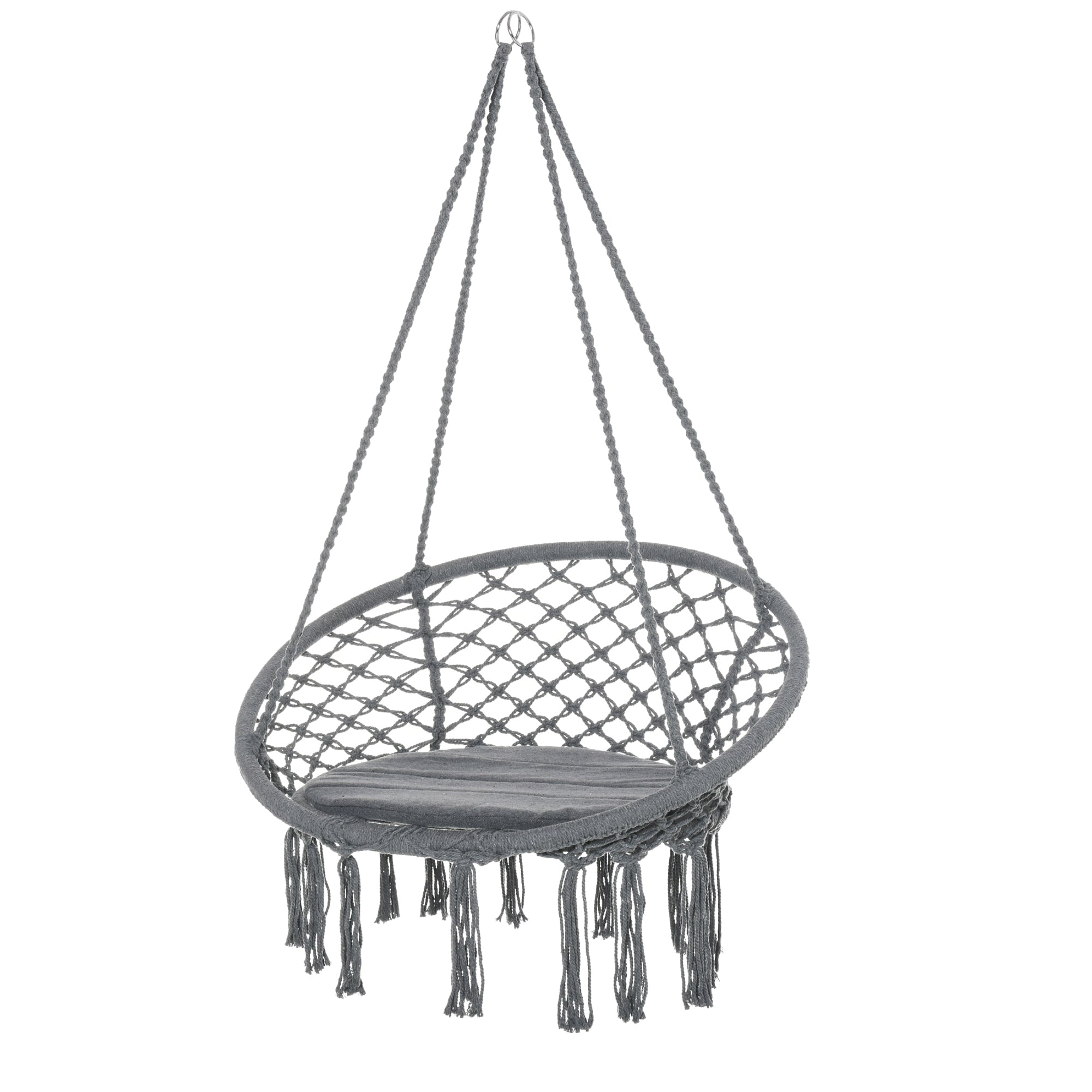 Outsunny Outdoor Cotton-Polyester Blend Macrame Hanging Rope Chair with Cushion, Portable Garden Chair with Fringe Tassels for Patio, Deck, Tree, Grey 