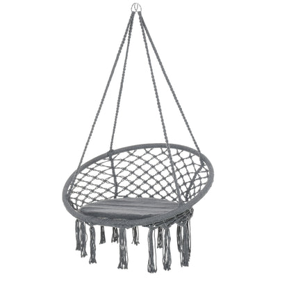 Outsunny Outdoor Cotton-Polyester Blend Macrame Hanging Rope Chair with Cushion, Portable Garden Chair with Fringe Tassels for Patio, Deck, Tree, Grey 