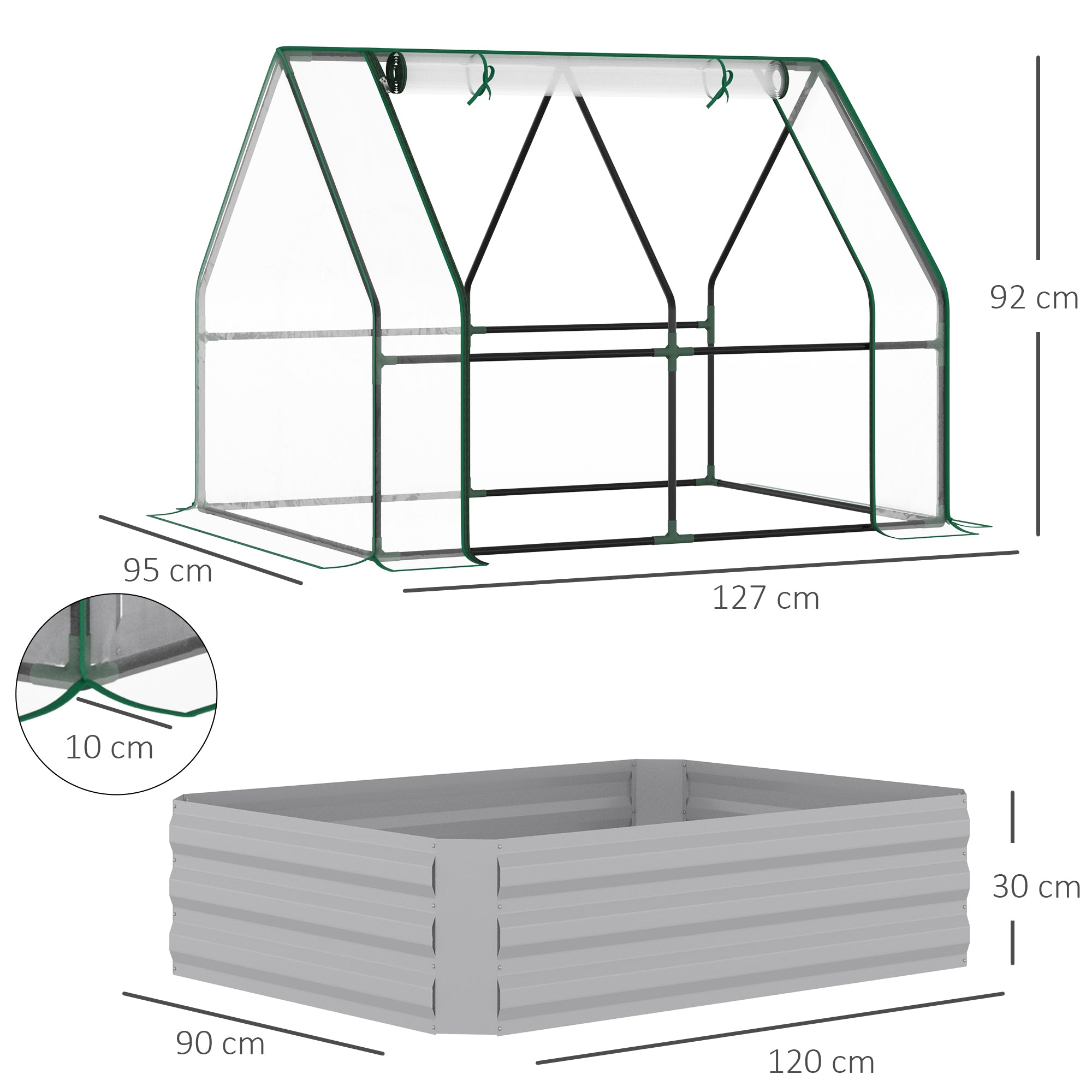 Outsunny Raised Garden Bed with Greenhouse, Steel Planter Box with Plastic Cover, Roll Up Window, Dual Use for Flowers, Vegetables, Fruits and Herbs, 127L x 95W x 92H cm, Clear 