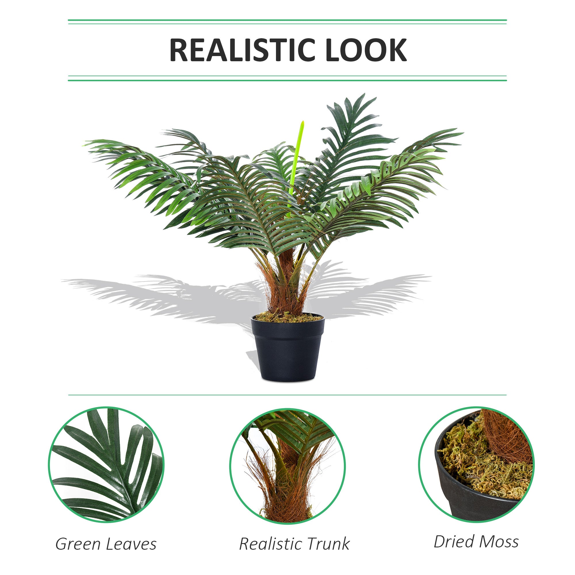 Outsunny 60cm/2FT Artificial Palm Tree Decorative Plant 8 Leaves with Nursery Pot, Fake Tropical Tree for Indoor Outdoor Décor 