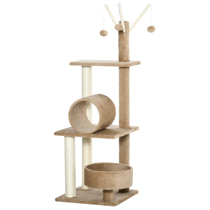 PawHut 121cm Cat Tree Tower for Indoor Cats Kitten Activity Centre Scratching Post with Bed Tunnel Perch Interactive Ball Toy Brown 