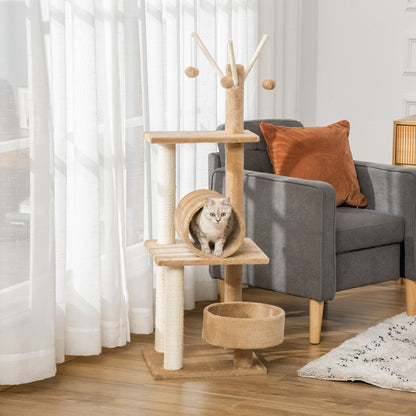 PawHut 121cm Cat Tree Tower for Indoor Cats Kitten Activity Centre Scratching Post with Bed Tunnel Perch Interactive Ball Toy Brown 