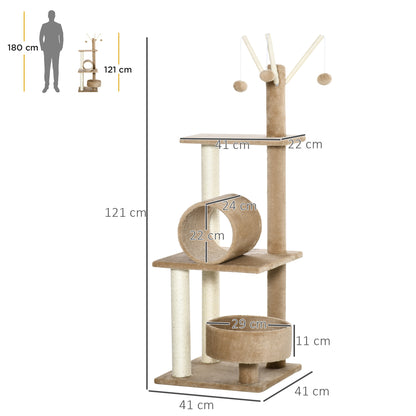 PawHut 121cm Cat Tree Tower for Indoor Cats Kitten Activity Centre Scratching Post with Bed Tunnel Perch Interactive Ball Toy Brown 
