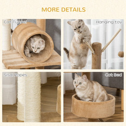 PawHut 121cm Cat Tree Tower for Indoor Cats Kitten Activity Centre Scratching Post with Bed Tunnel Perch Interactive Ball Toy Brown 