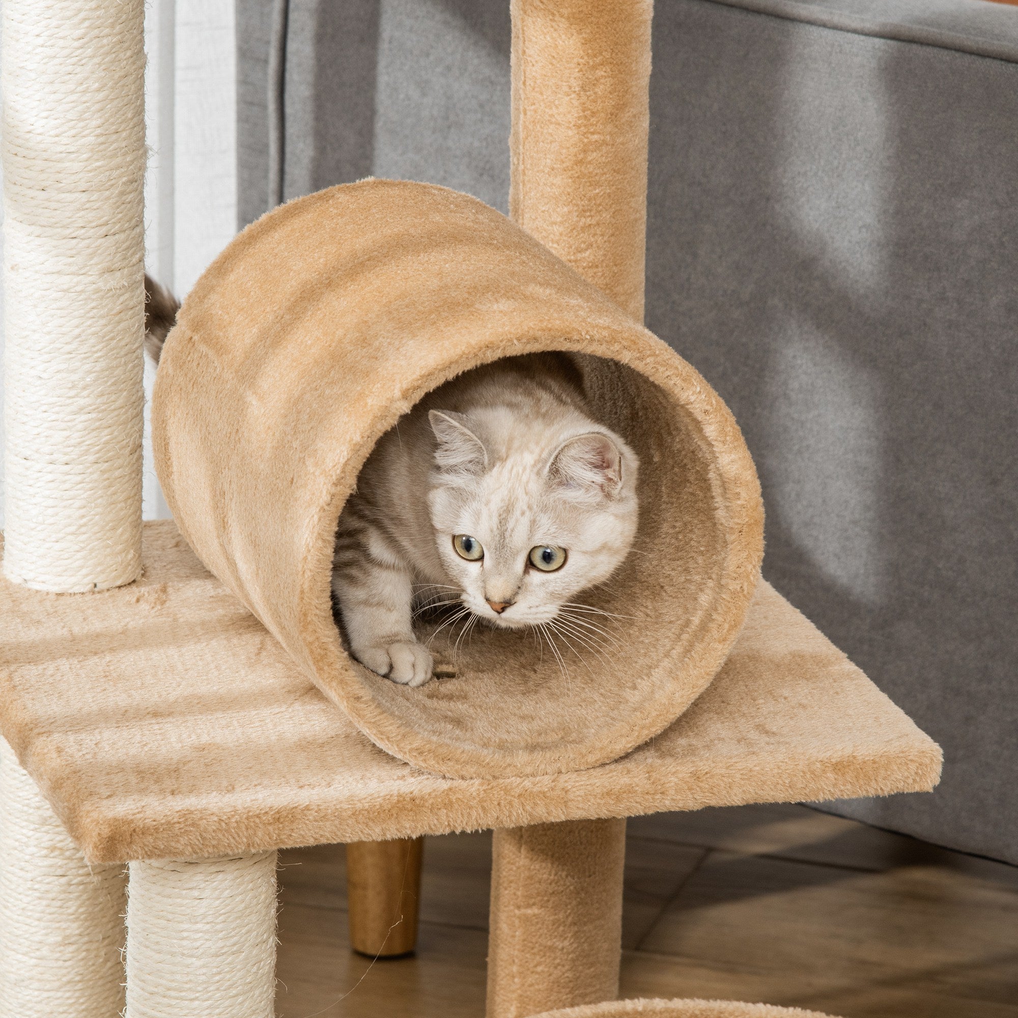 PawHut 121cm Cat Tree Tower for Indoor Cats Kitten Activity Centre Scratching Post with Bed Tunnel Perch Interactive Ball Toy Brown 