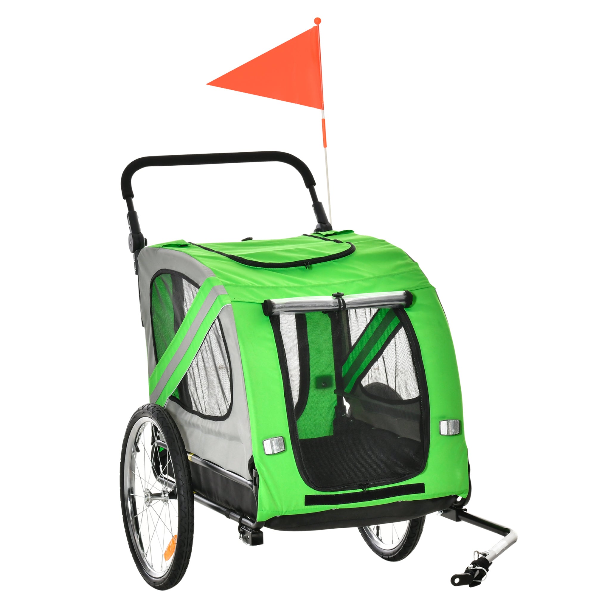 PawHut 2-In-1 Dog Bike Trailer Pet Stroller Pushchair with Universal Wheel Reflector Flag Green 