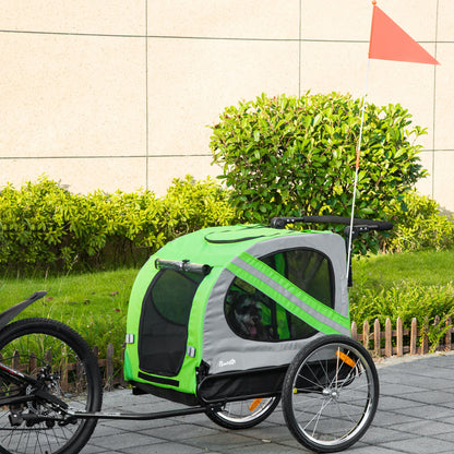 PawHut 2-In-1 Dog Bike Trailer Pet Stroller Pushchair with Universal Wheel Reflector Flag Green 