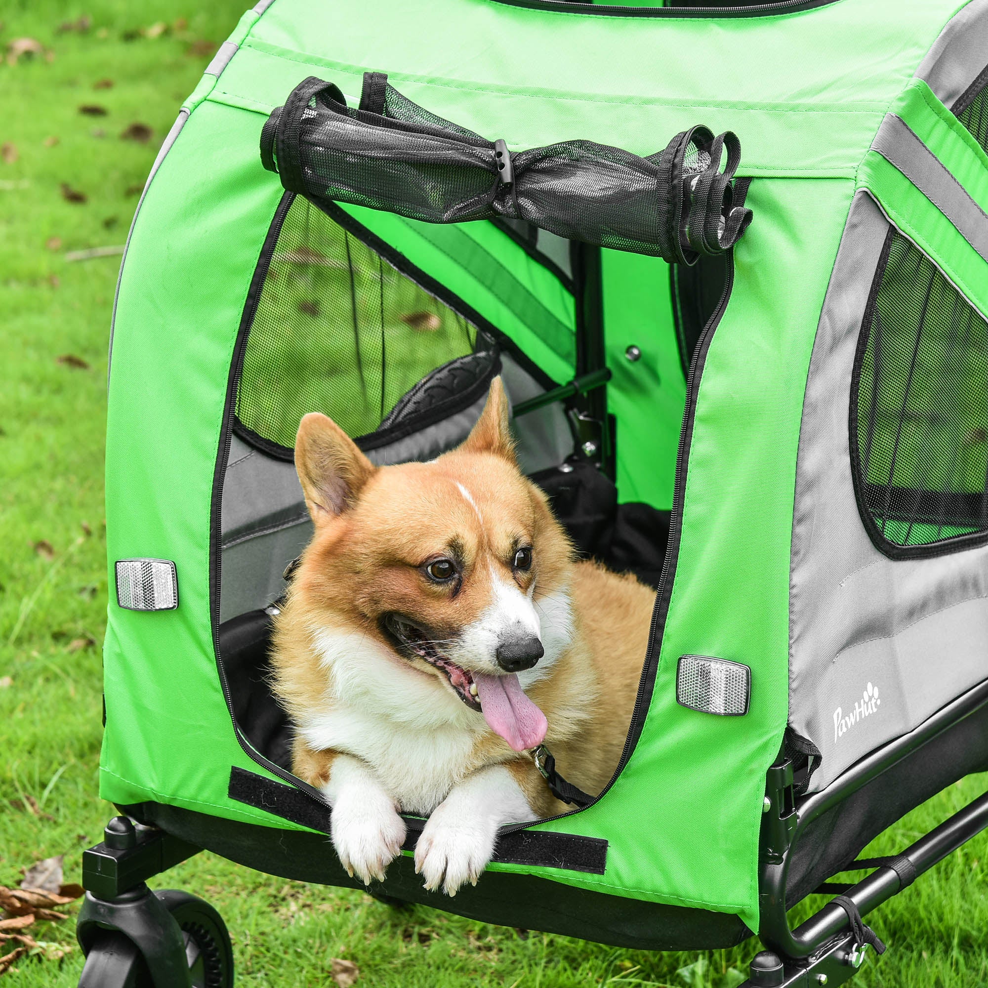 PawHut 2-In-1 Dog Bike Trailer Pet Stroller Pushchair with Universal Wheel Reflector Flag Green 