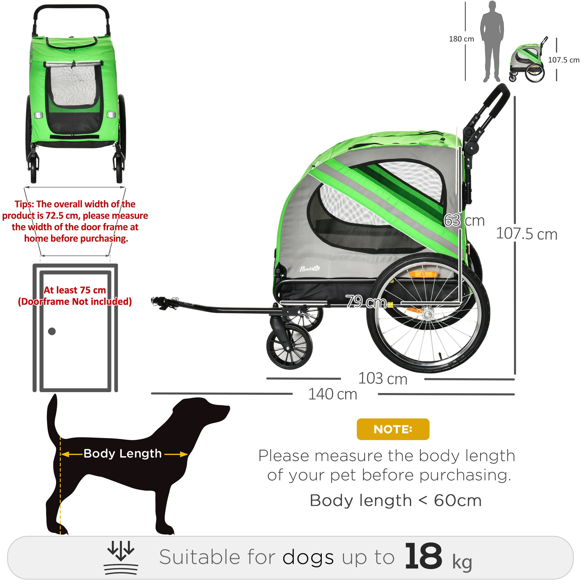PawHut 2-In-1 Dog Bike Trailer Pet Stroller Pushchair with Universal Wheel Reflector Flag Green 