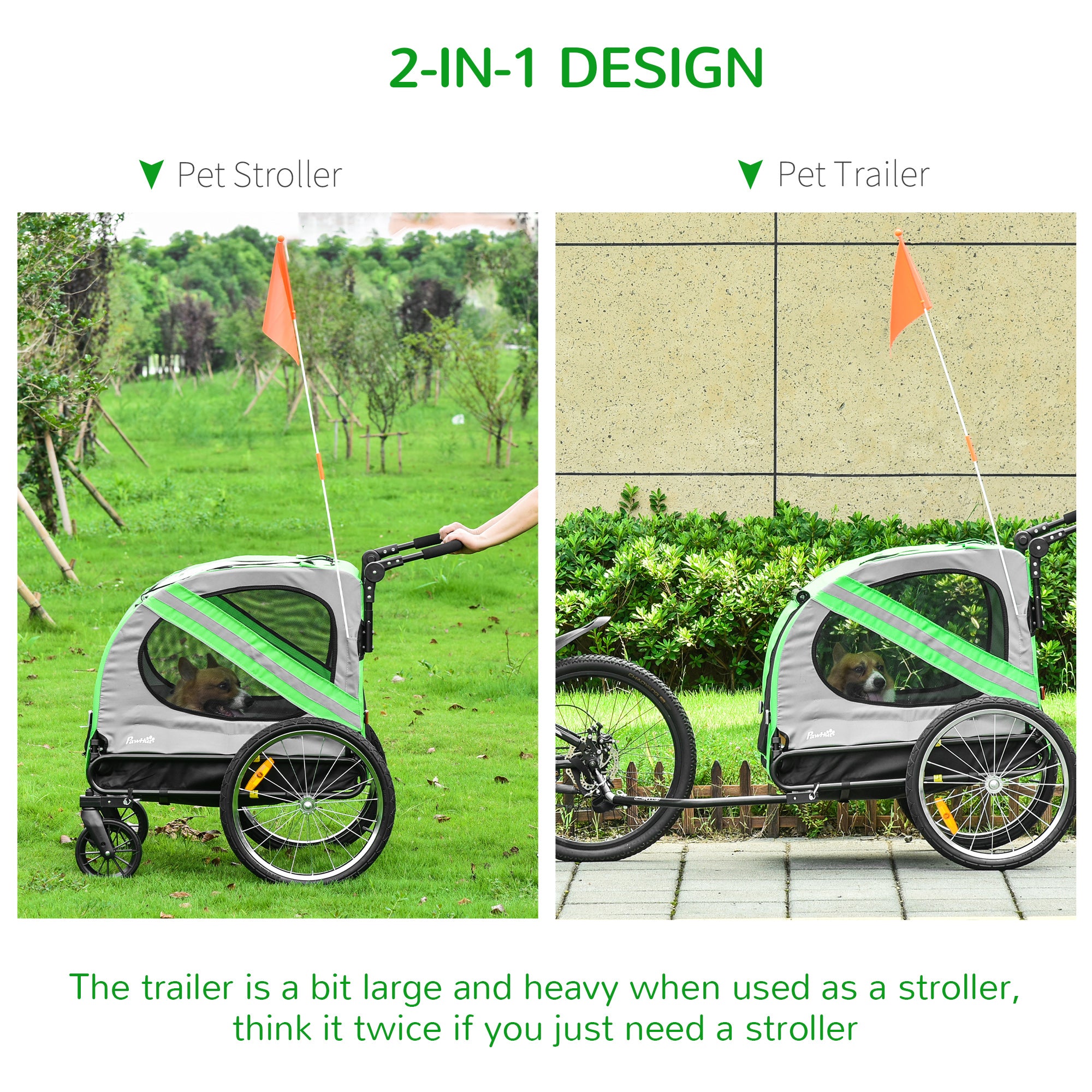 PawHut 2-In-1 Dog Bike Trailer Pet Stroller Pushchair with Universal Wheel Reflector Flag Green 