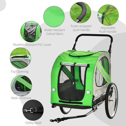 PawHut 2-In-1 Dog Bike Trailer Pet Stroller Pushchair with Universal Wheel Reflector Flag Green 