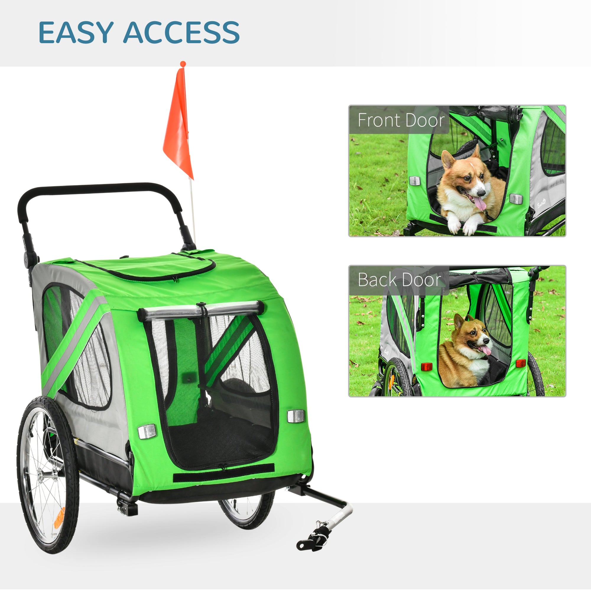 PawHut 2-In-1 Dog Bike Trailer Pet Stroller Pushchair with Universal Wheel Reflector Flag Green 