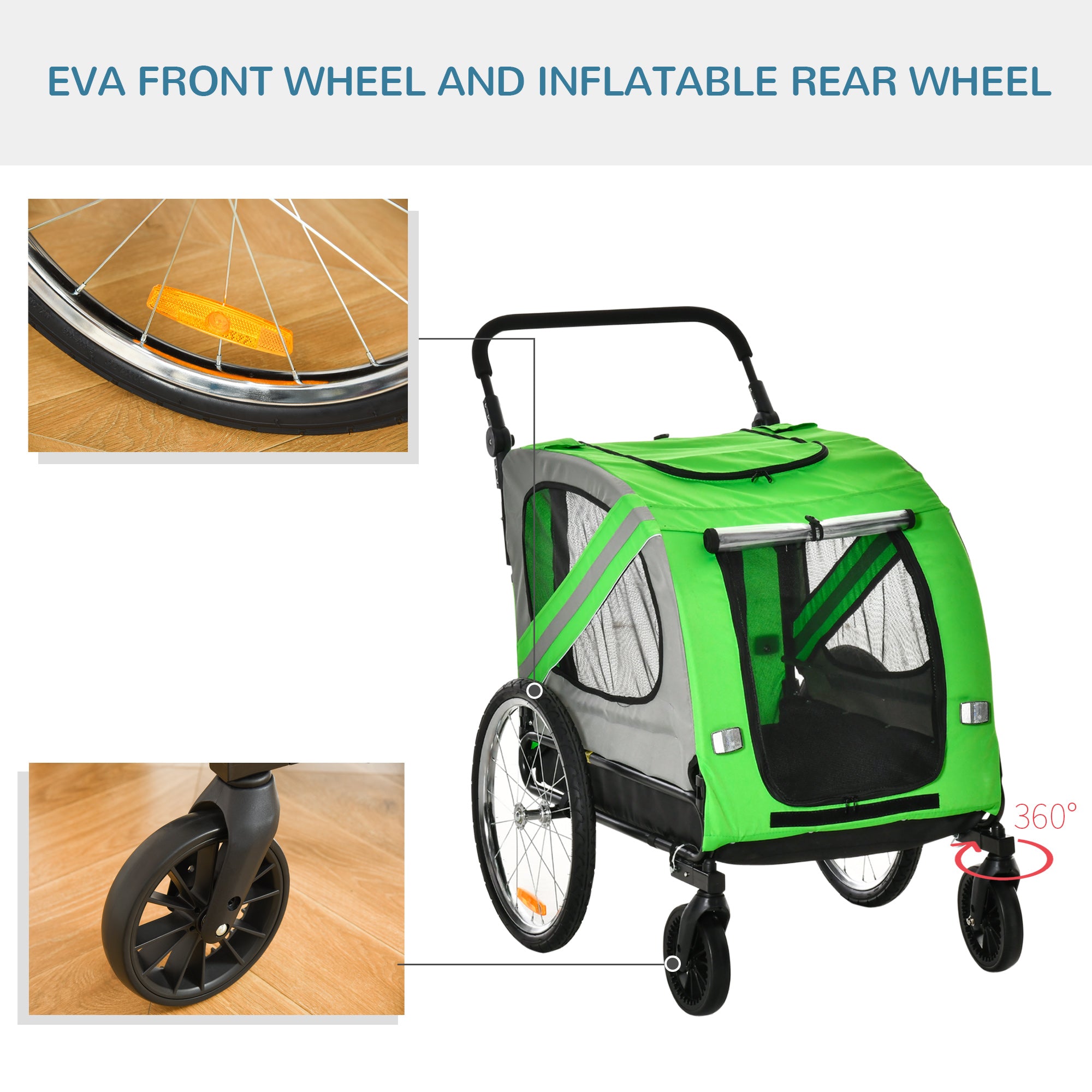 PawHut 2-In-1 Dog Bike Trailer Pet Stroller Pushchair with Universal Wheel Reflector Flag Green 