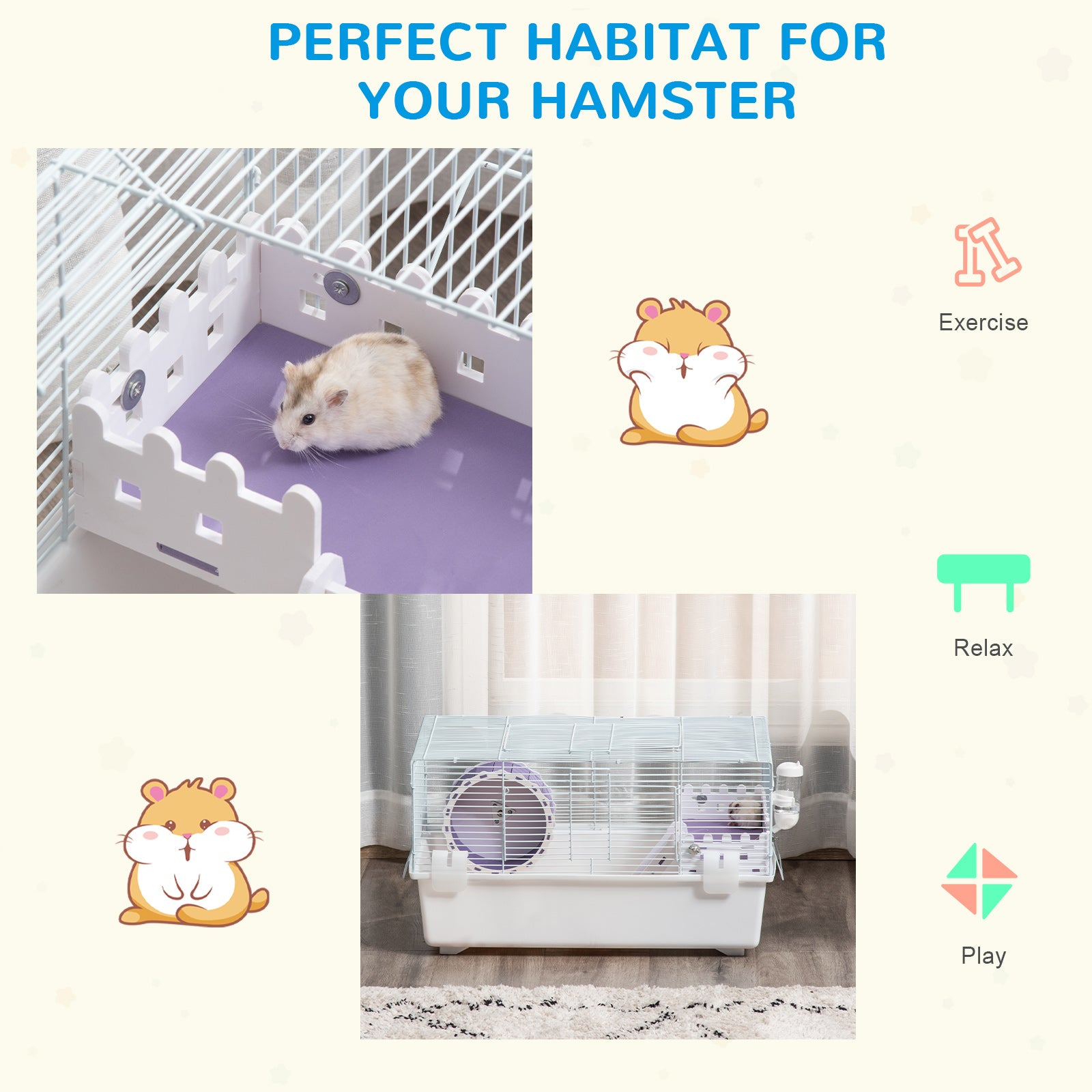 PawHut 2 Tier Hamster Cage, Gerbil Cage with Exercise Wheel, Water Bottle, Ladder, White 