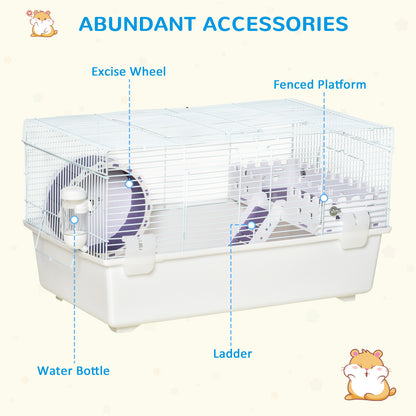 PawHut 2 Tier Hamster Cage, Gerbil Cage with Exercise Wheel, Water Bottle, Ladder, White 
