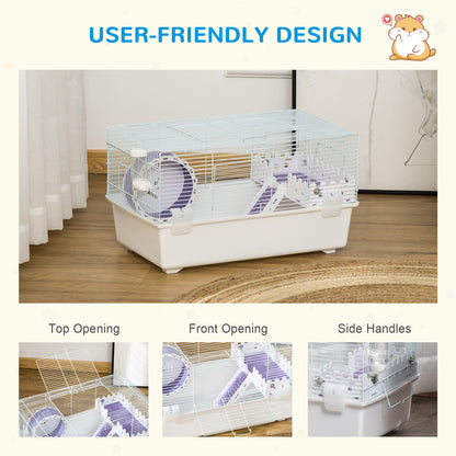 PawHut 2 Tier Hamster Cage, Gerbil Cage with Exercise Wheel, Water Bottle, Ladder, White 